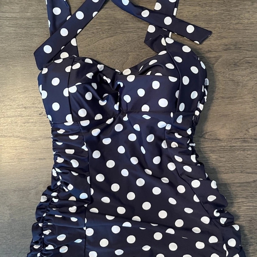 Unique Vintage Blue and White Polka Dot One Piece Swimsuit